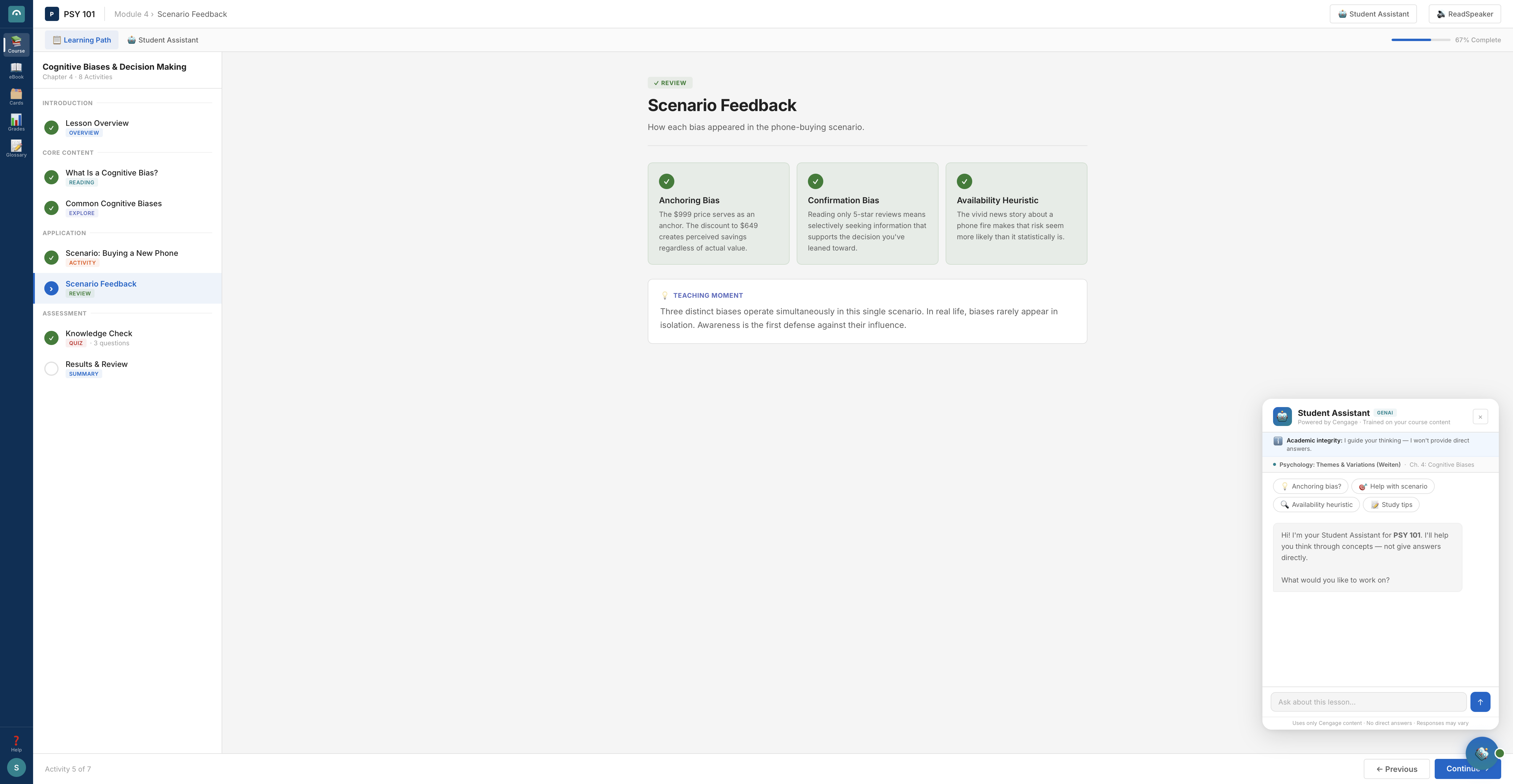 PSY 101 — Results and Review, Lesson Complete screen