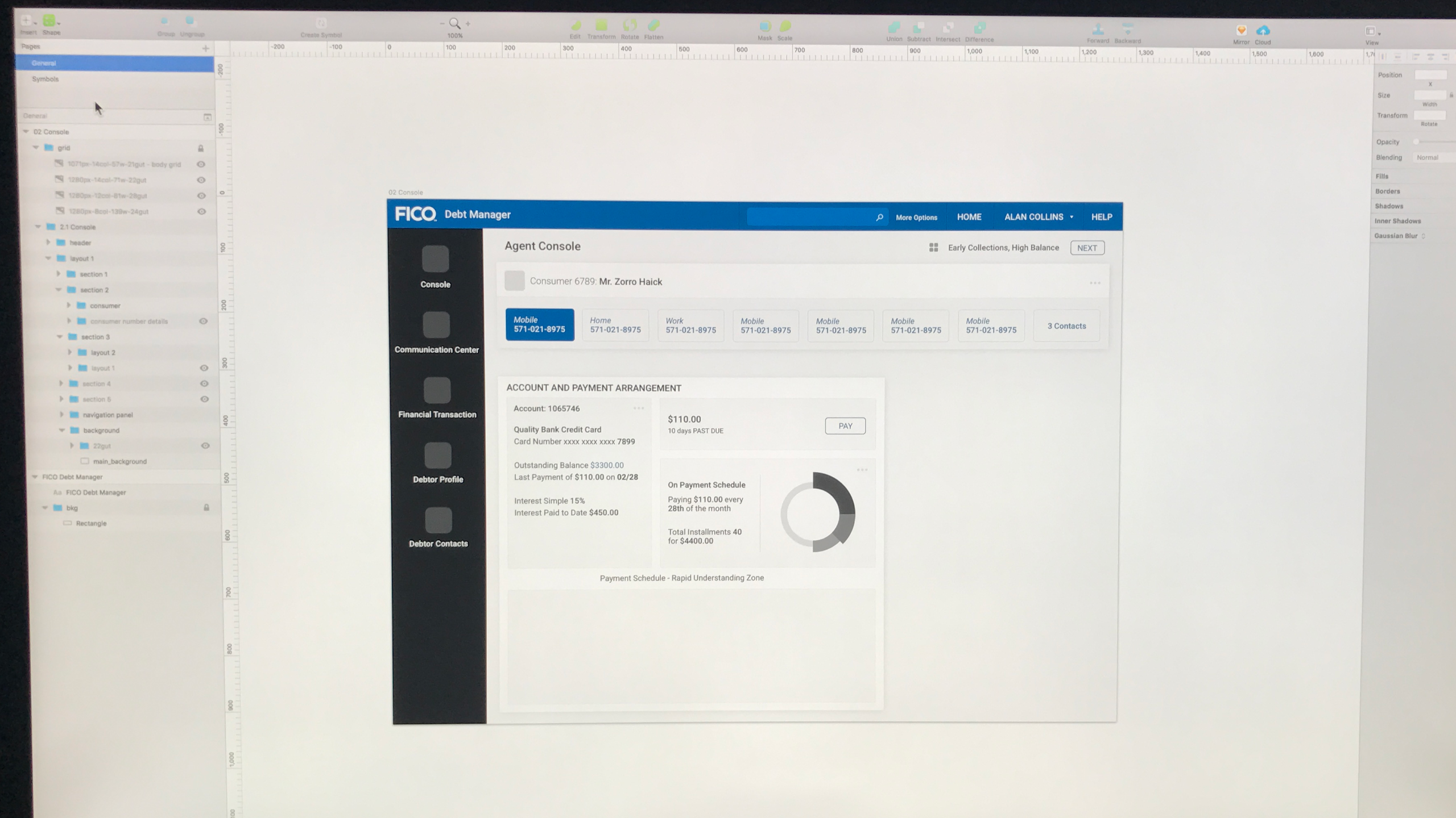 Debt Manager — Agent Console in Sketch, early design stage