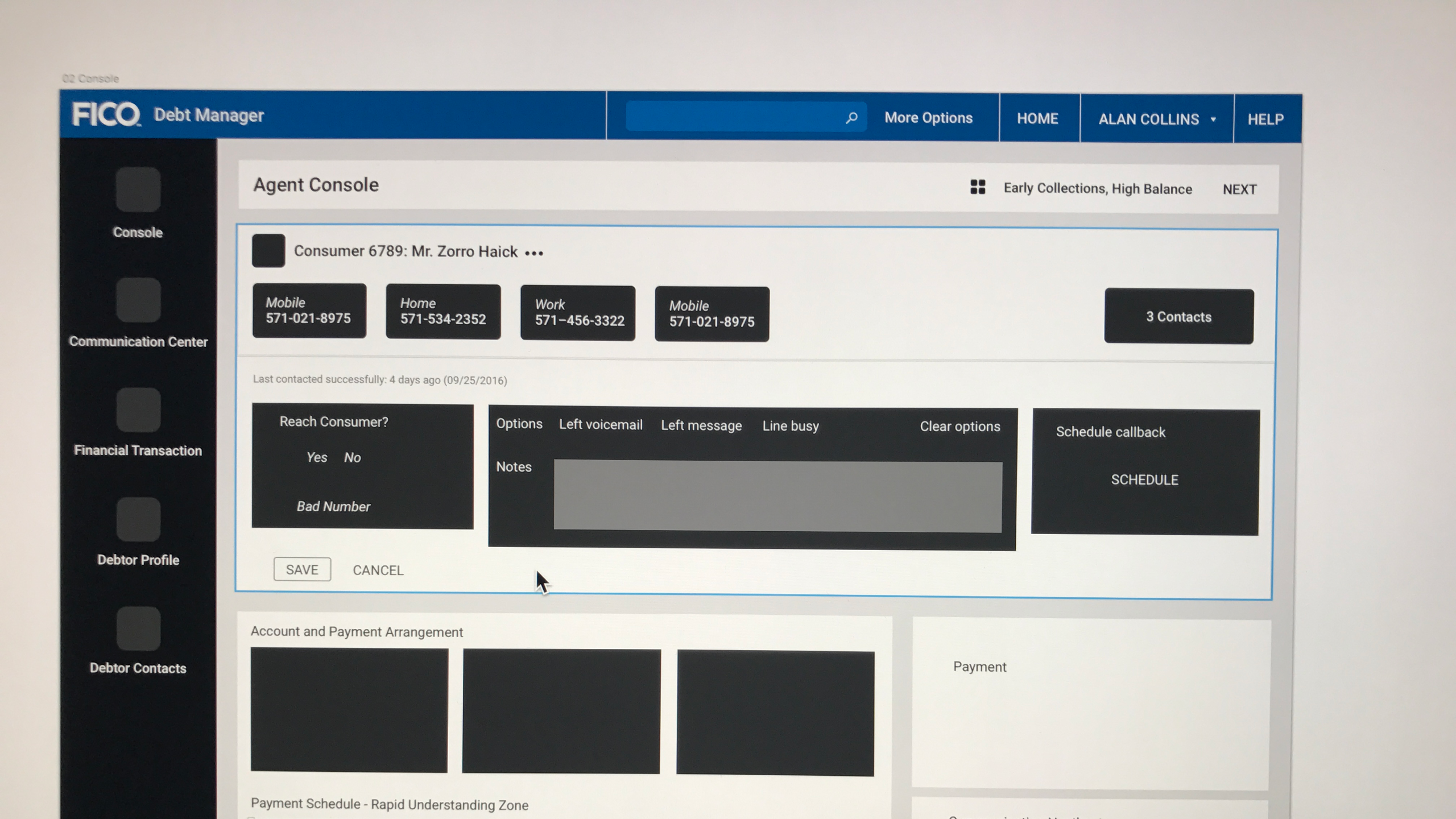 Debt Manager — Agent Console dark prototype, Reach Consumer interaction