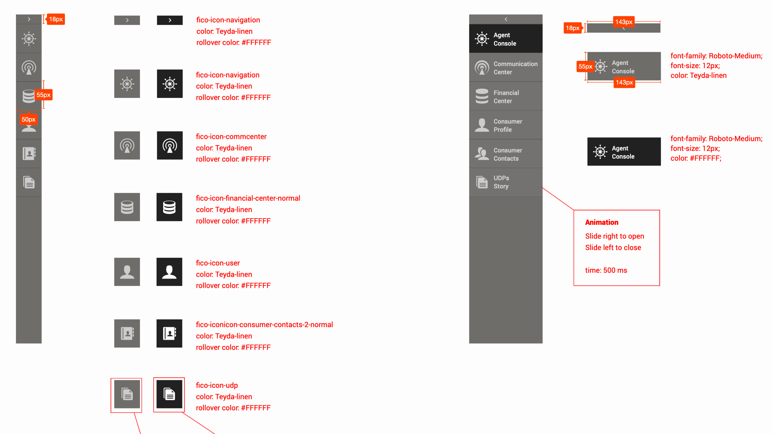 Debt Manager — navigation icon specifications with dimensions and states