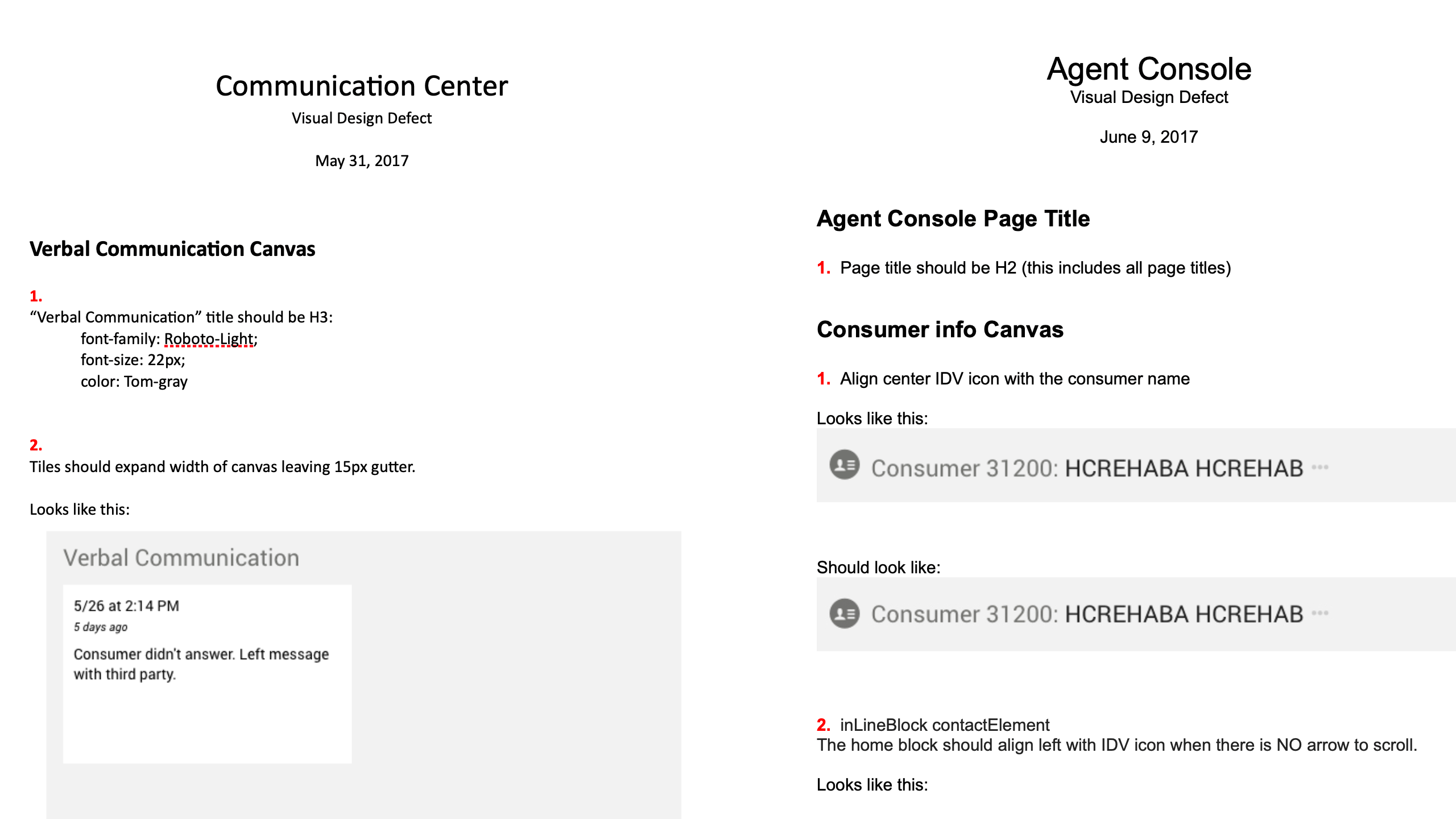 Debt Manager — visual design defect reports: Communication Center and Agent Console QA