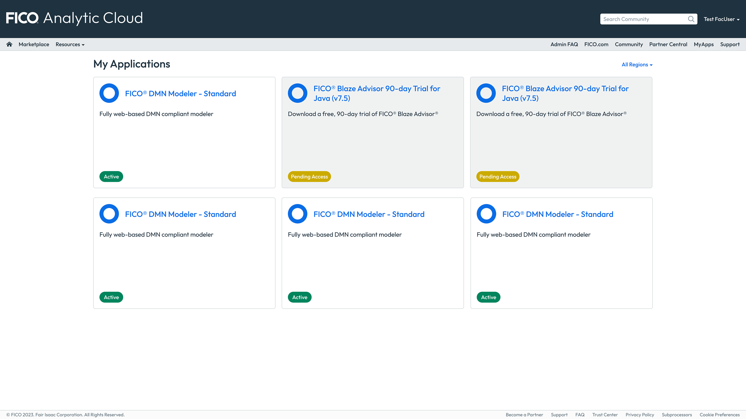 FICO Analytic Cloud — redesigned My Applications view