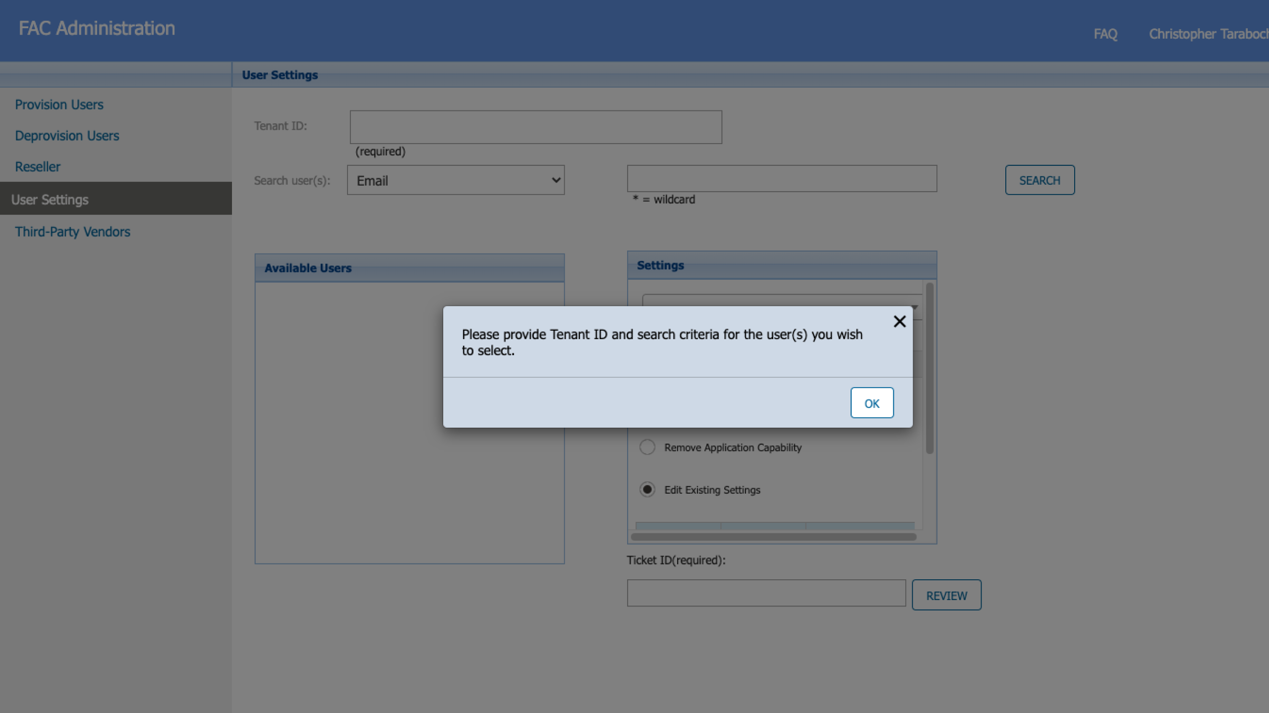 FAC Administration — legacy User Settings with modal