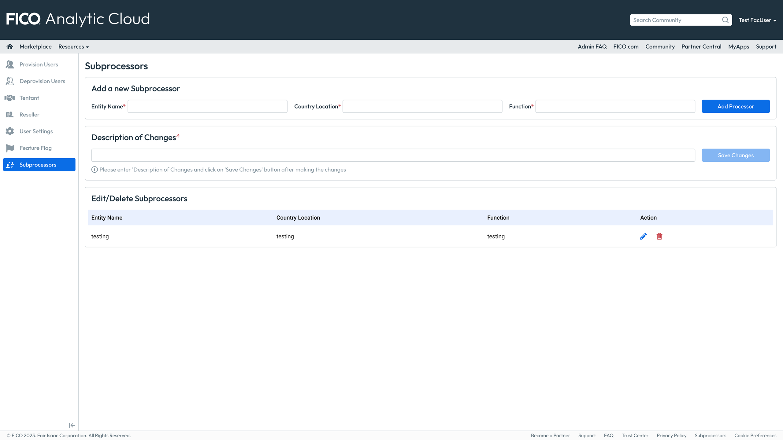 FAC portal — redesigned Subprocessors