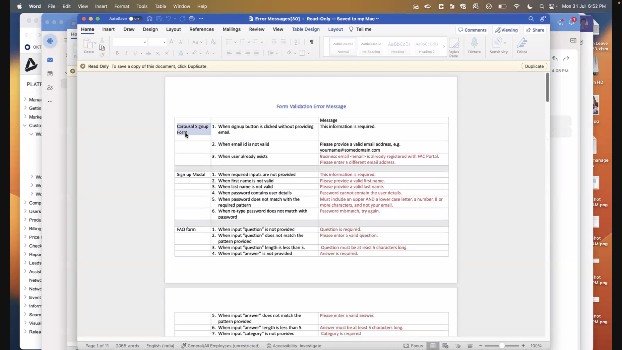 FAC build review — form validation error message specification document