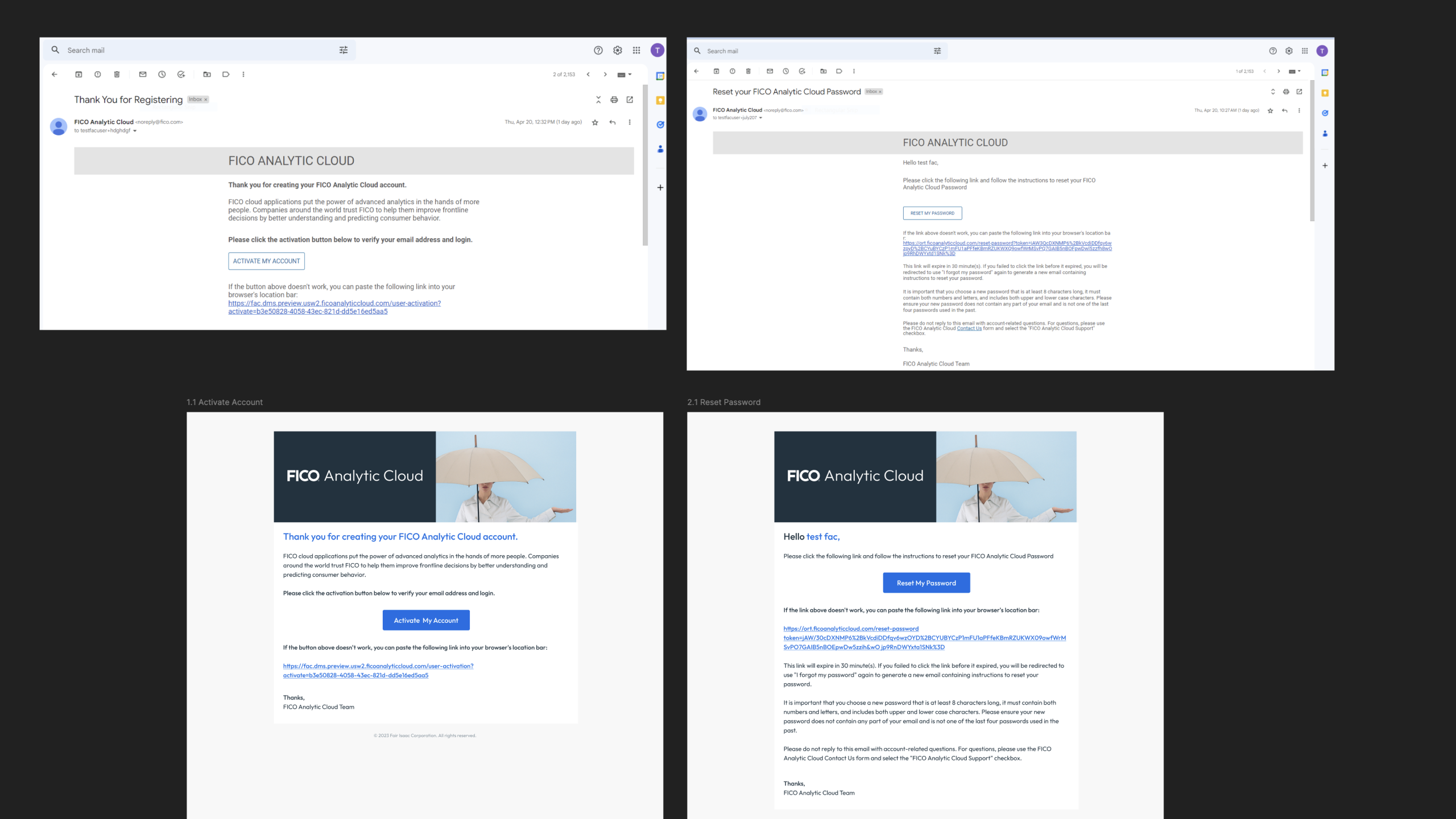 FICO Analytic Cloud — redesigned email templates, activation and reset