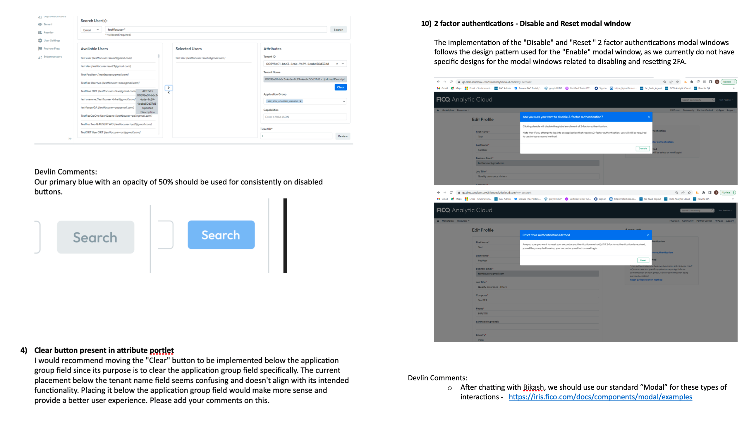 FAC build review — design feedback notes on disabled button states, clear button placement, and 2FA modal patterns