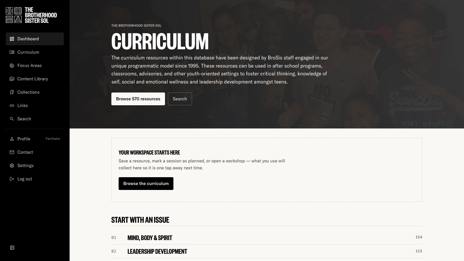 The Brotherhood Sister Sol curriculum platform, showing a dashboard with focus-area navigation over a 570-resource library