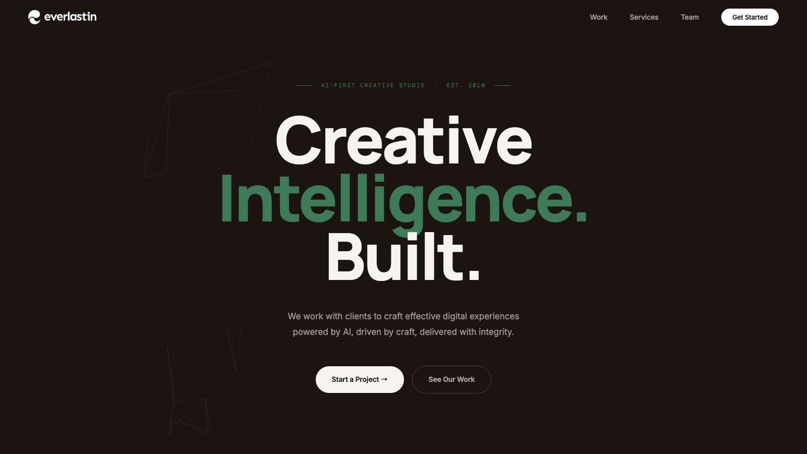 The rebuilt Everlast Interactive site showing "Creative Intelligence. Built." set large over a dark espresso background