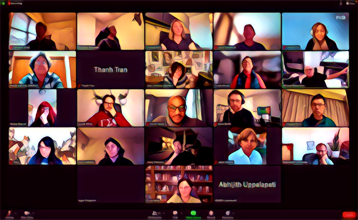 A FICO team video call, a grid of around twenty colleagues on screen