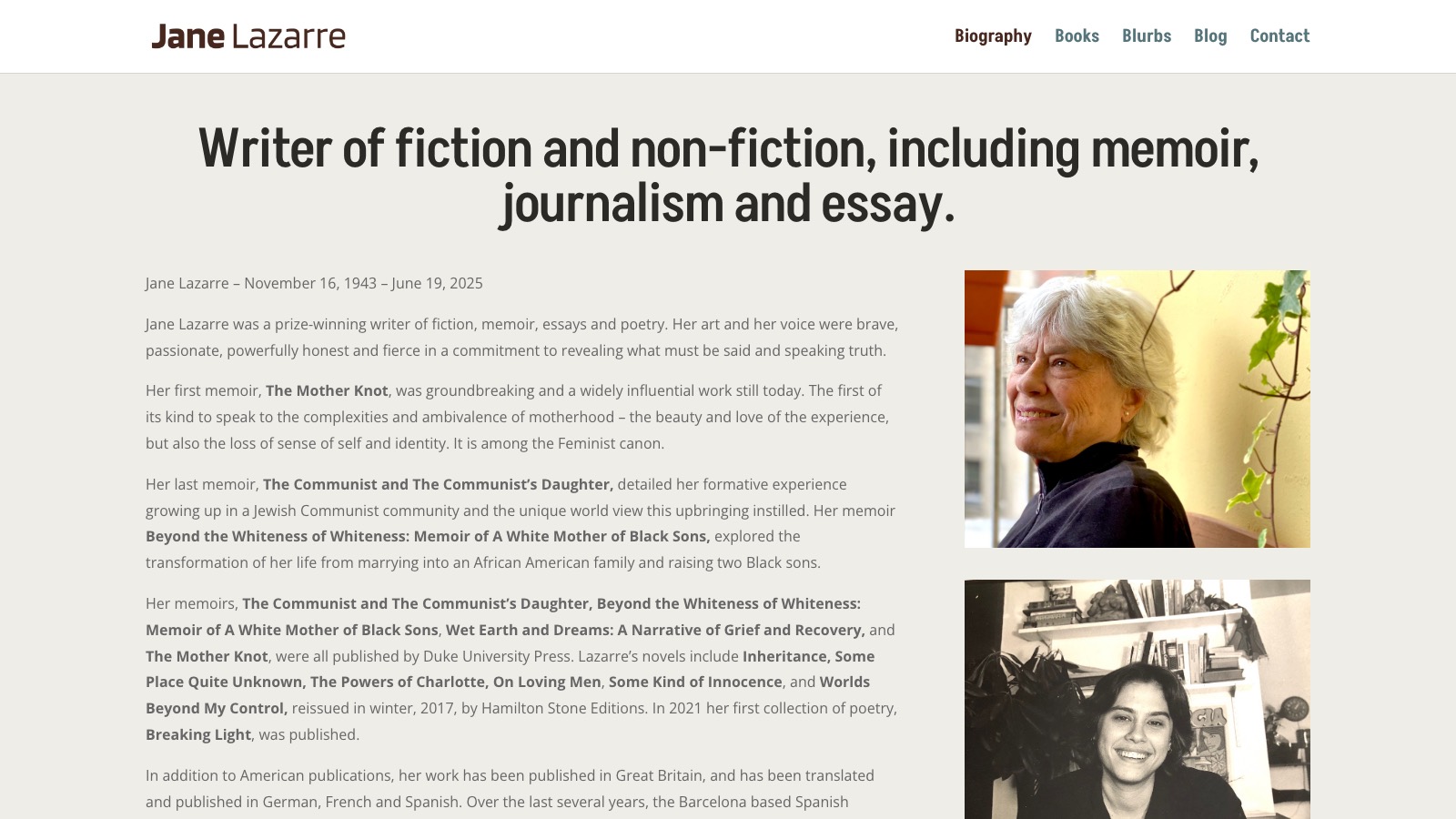 The Jane Lazarre biography page, a wide editorial headline above a two-column layout of prose and portraits