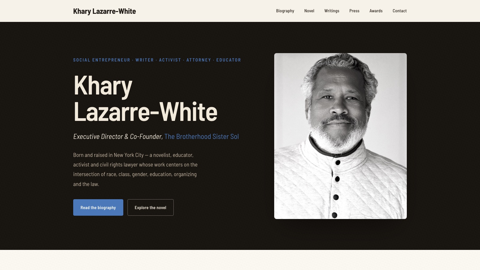 The Khary Lazarre-White site, a portrait hero introducing him as writer, activist, attorney and educator