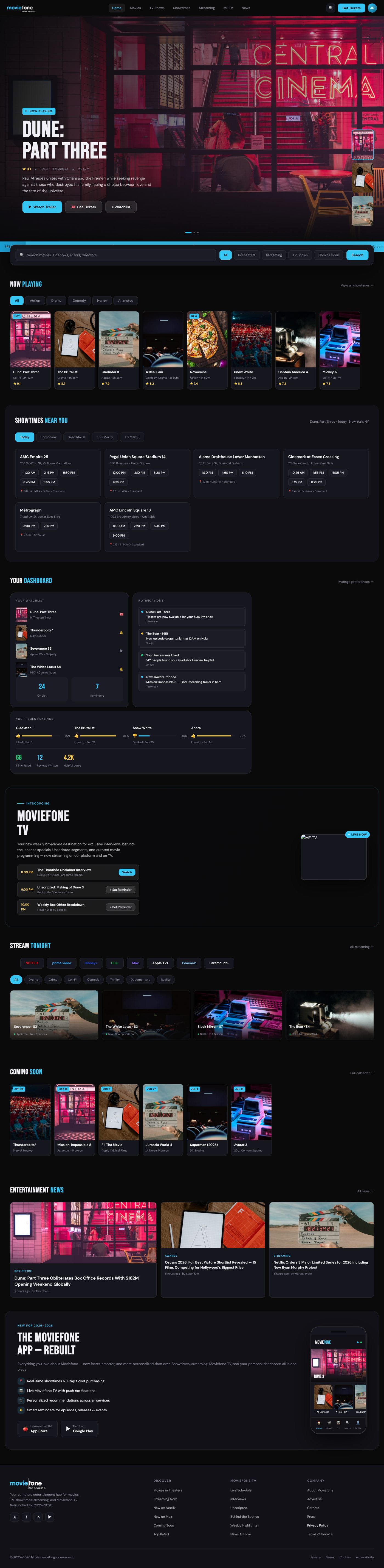 An AI-generated Moviefone concept — a dark cinema hero for Dune: Part Three above showtimes, a personal dashboard and streaming rows