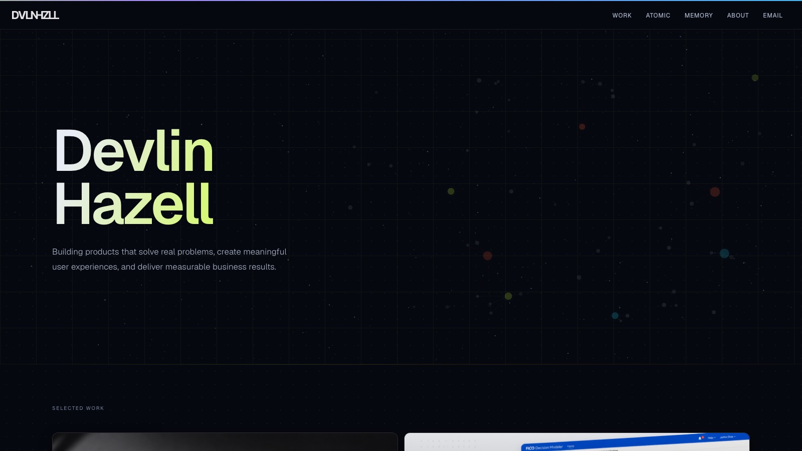 The rebuilt devlinhazell.com, a dark hero with the name set in a lime gradient over an animated star field