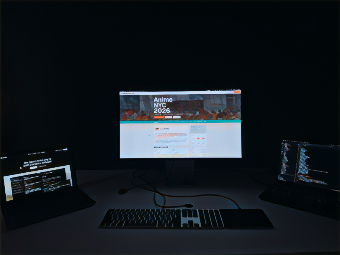 A desk at night with Surviving ComicCon open on a centre monitor, flanked by a laptop running Claude Code and another showing an editor