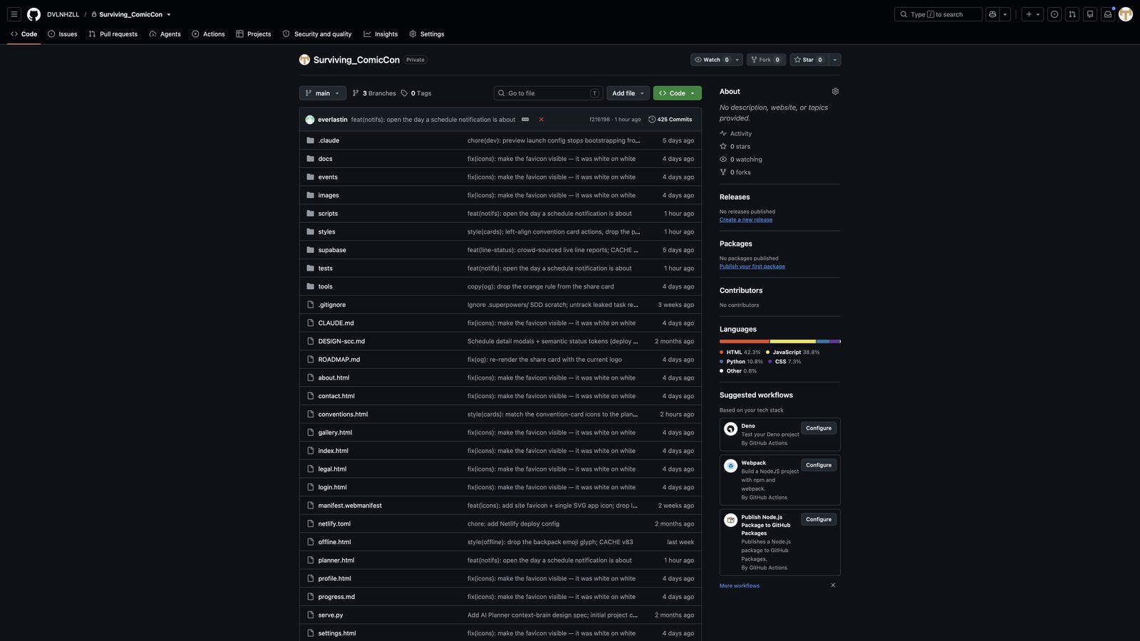 The private Surviving_ComicCon repository on GitHub, showing 425 commits across the main branch