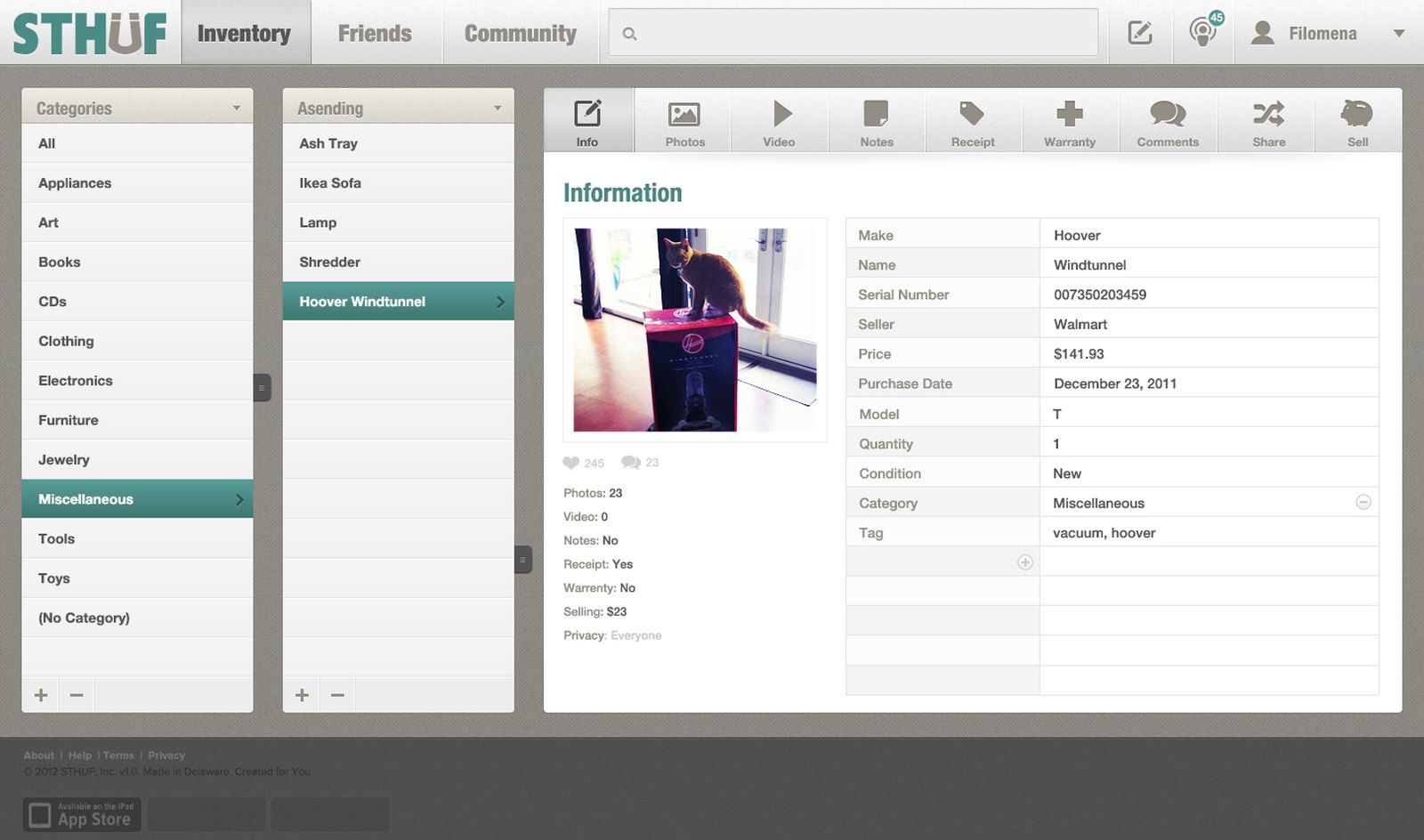 The original 2012 Sthuf concept, a three-pane desktop inventory interface with category and item lists beside an item detail panel