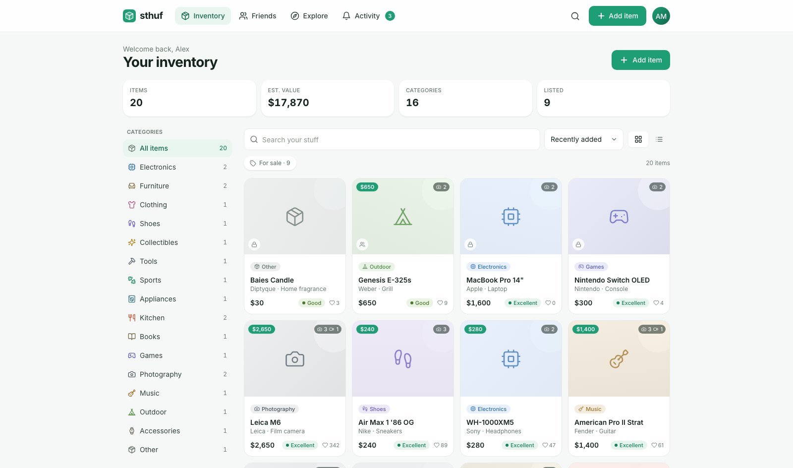 Sthuf Beta v0.1.0, a personal inventory grid with category filters and estimated values