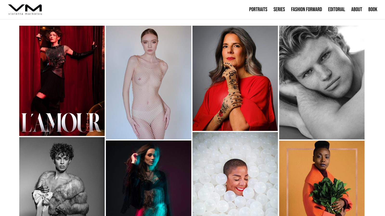 The Violetta Markelou homepage, a full-bleed grid of portrait and fashion photography beneath a minimal VM masthead